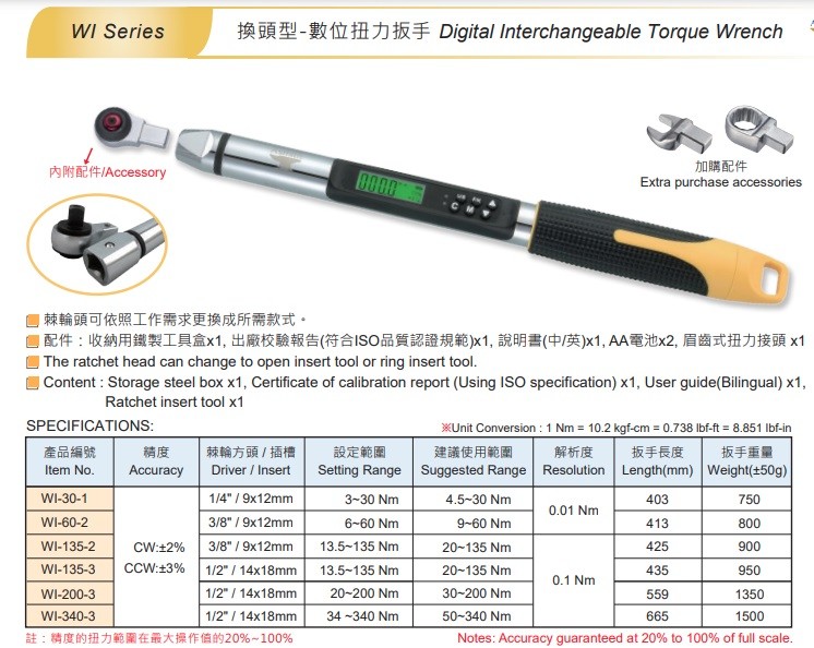 Digital Torque Wrench WI Series (4.5~135 Nm / 9x12 head change type)